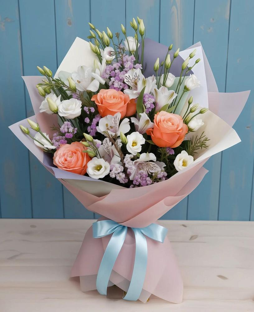 Букет цветов из: Лизиантусы, Розы, Альстромерии и Гипсофила в Солянке