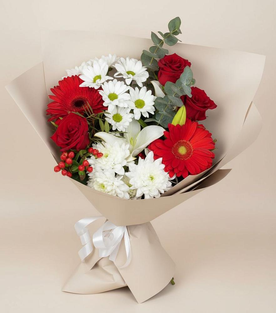 Букет цветов из: Розы, Хризантемы, Герберы и Лилии в Солянке