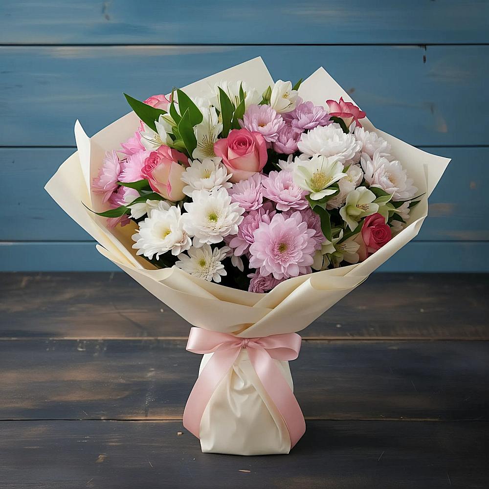 Букет цветов из: Хризантемы, Альстромерии и Розы в Солянке